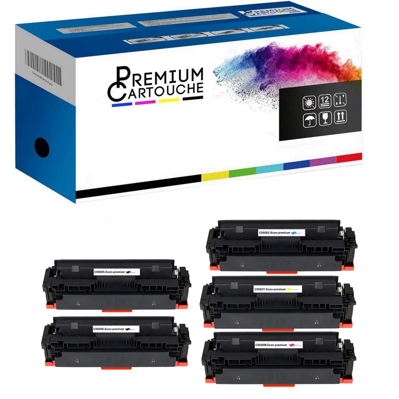 Toner 055H compatible sans puce lot de 5 cartouches haute capacité noir et couleur