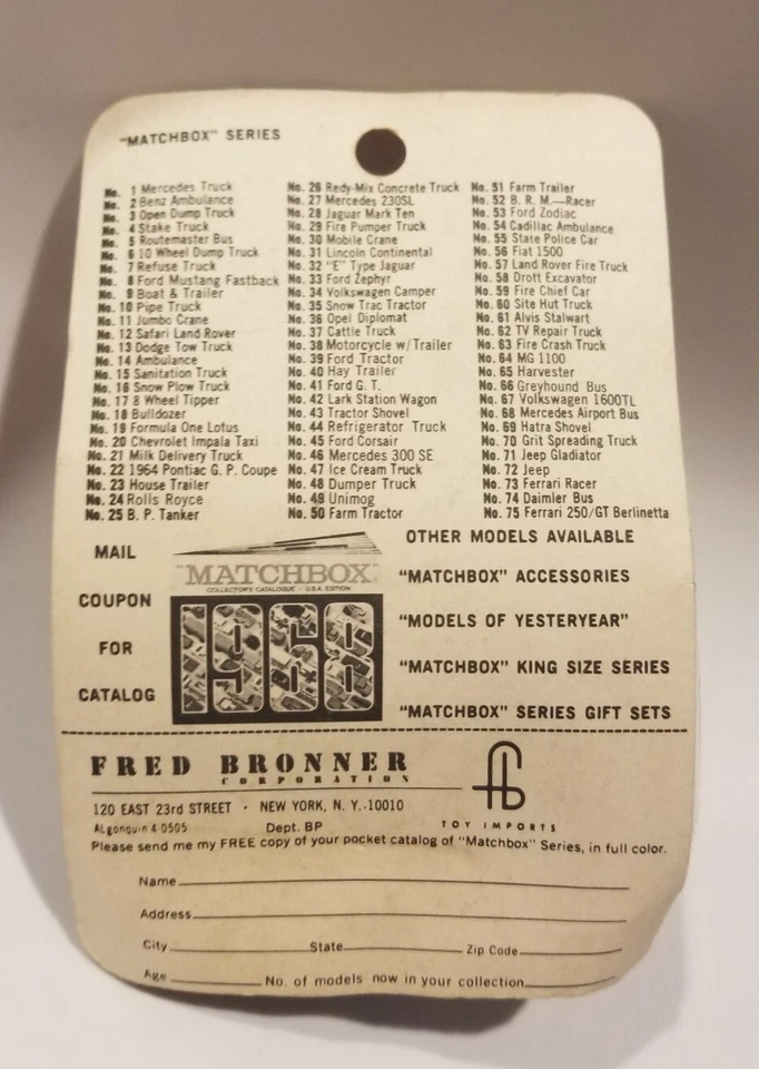 Vintage 1968 Matchbox Lesney Fred Bronner #7 Ford Refuse Truck Blister Card Rare - Image 4 of 4