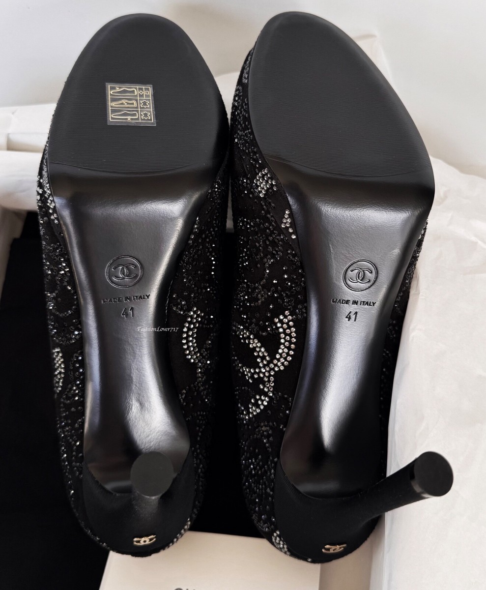 NIB 23K $2550 CHANEL BLACK SILVER STRASS SUEDE KIDSKIN HIGH HEEL