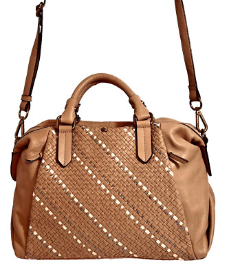 Elliott Lucca BEIGE TAN Woven Leather Two Handle Satchel Purse Crossbody Bag