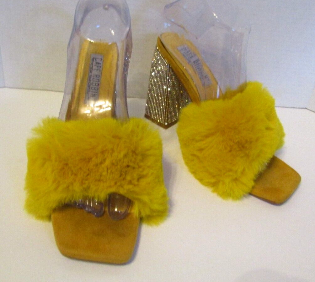 PANTOFOLA D’ORO Cape Robbin Tacchi Giallo Peluche Soffici Strass Tacchi Mules Donna Taglia 8