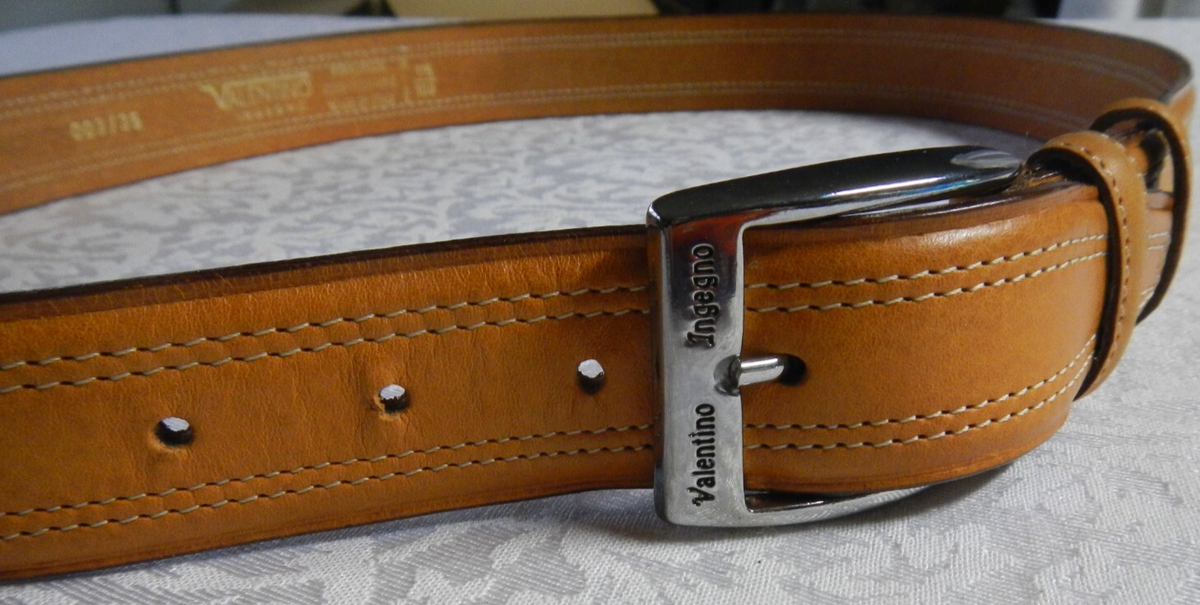 Valentino Ingegno Leather Belt Tan Light Brown Double Stitch 
