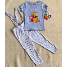 Vintage 90s Disney Winnie the Pooh Overalls Set Girl Size 4T Blue Striped Piglet