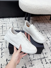Pure White Zegna Minimal Slip On Leather Smart Men Casual Trainers