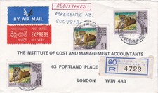 Cubierta registrada Sri Lanka 1973 enviada desde Colombo a Londres Inglaterra