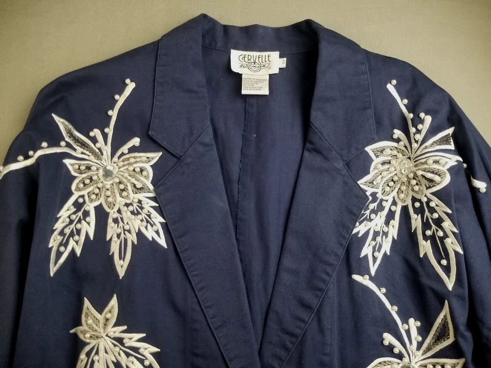 Chaqueta Blazer De Colección Cerville Para Mujer 2X Azul Floral Embellecido Perlas Apliques Años 80 Foto 2 de 4