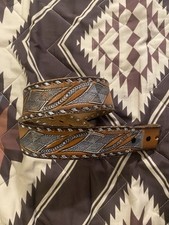 Vintage Tony Lama Tooled Leather Western Belt Brown w/ Blue Colors Adult Sz 28  