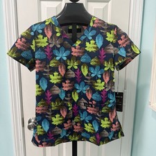 NWT Koi Women's Size XXS Leslie Autumn Leaves Navy Green Brown Vneck Scrub Top