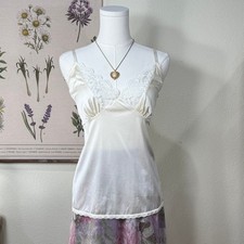 Vintage 90s Y2k Cream Lace Trim Nylon Cami Top Romantic Coquette Femme Dolly XL