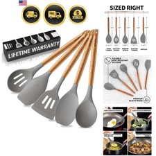 Utensils Set Non-Stick Silicone Cooking Utensils Set with Authentic Acacia Wo...