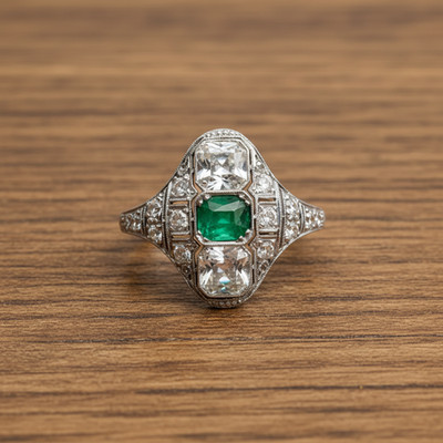 925 Silver 2.51 Ct Green Cushion & Round CZ Stone Art Deco Milgrain Wedding Ring