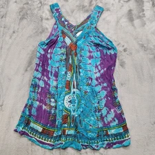 Greater Good Top Womens S/M Blue Tie Dye Batik Sleeveless Swing Tank Boho Hippie