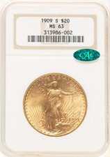 1909-S $20 CAC Saint-Gaudens Double Eagle NGC MS63