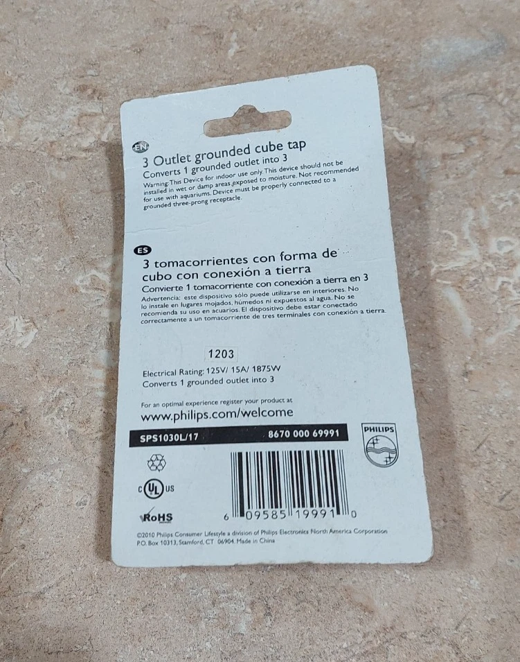 PHILIPS 3 AC Outlet Grounded Cube Tap Multiple Outlet NEW IN PACKAGING - Image 3 of 3