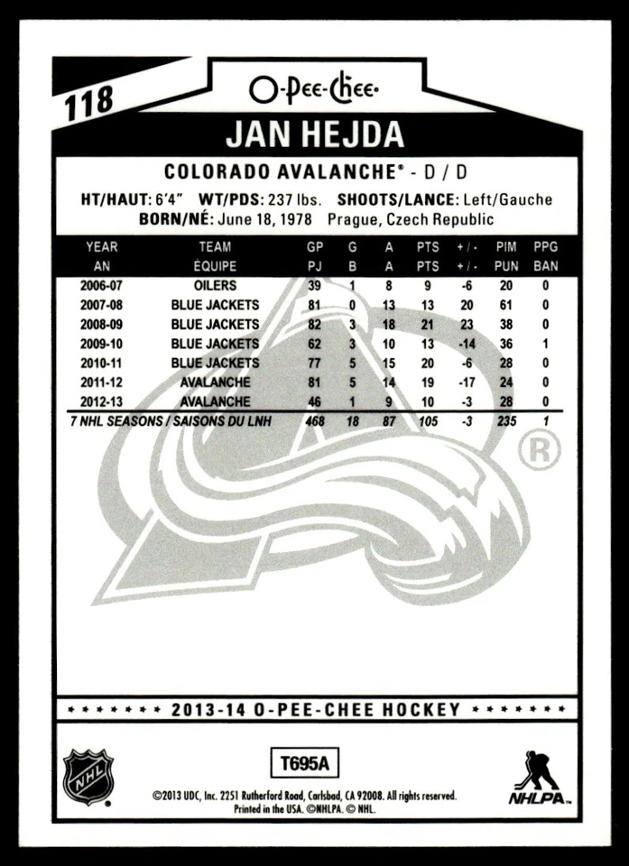 2013-14 O PEE CHEE  SILVER FOIL Jan Hejda Colorado Avalanche #118 - Image 2 of 2