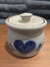 Vintage Rowe Pottery Works Salt glazed Stoneware Crock With Cobalt Blue Heart
