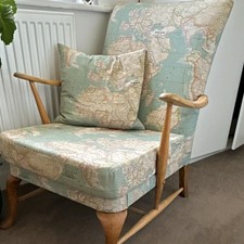 High Back Upholstered Accent Chair with Wooden Arms, Map Print Cotton Blue/Beige