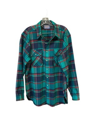 Pendleton woolen mills virgin wool shirt men XL plaid green purple button up vtg