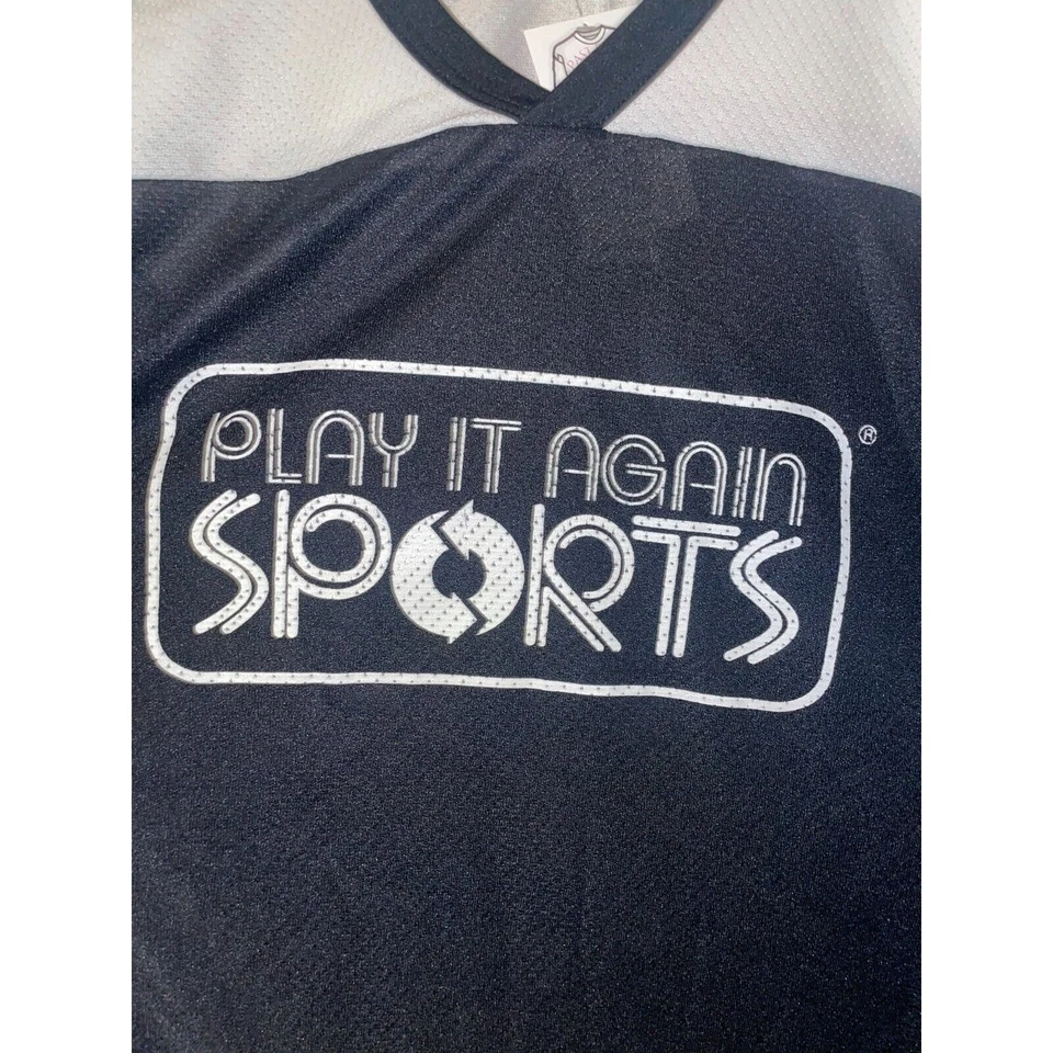 Camiseta deportiva de hockey blanca negra manga larga CCM Play It Again de la década de 1990 vintage 2XL Foto 2 de 4