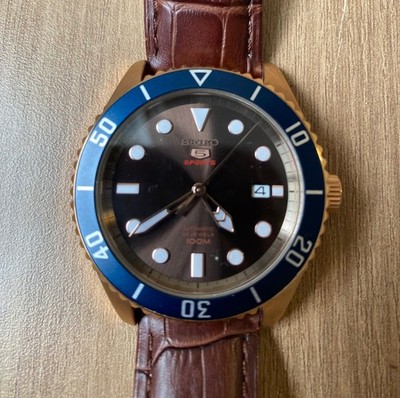 Rare Seiko 5 Sports SRPB96K1 Automatic Rose Gold Brown Dial Blue Bezel