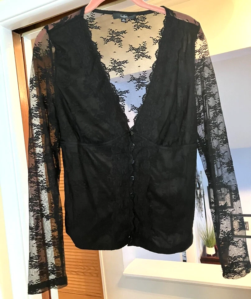 Blusa crop top LULU'S preta floral renda manga longa botão para cima espartilho cami GG