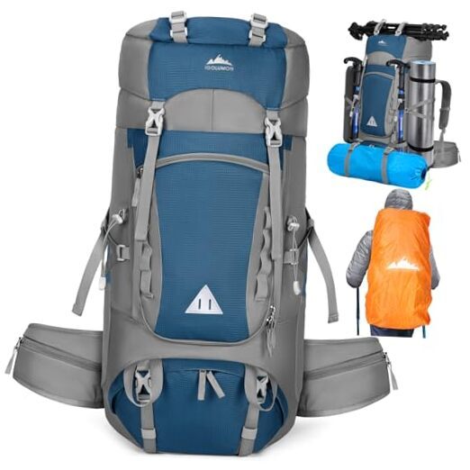 Hiking Backpack Waterproof Camping Backpack with Rain Cover Large 60L Blue