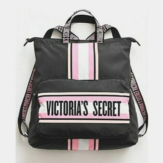 VICTORIAS SECRET PACKABLE BACKPACK BLACK PINK STRIPE SCHOOL GYM