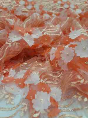 ''Coral Lace Fabric with 3D Floral Embroidery and Sequins on Mesh - Sold by the Y