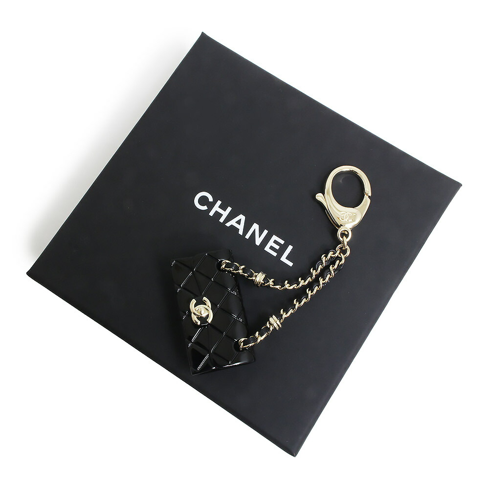Chanel Matelasse Chain Bag Charm Keychain Keyring Resin Black Gold