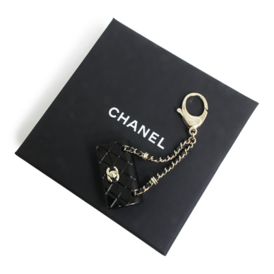 Chanel Matelasse Chain Bag Charm Keychain Keyring Resin Black Gold