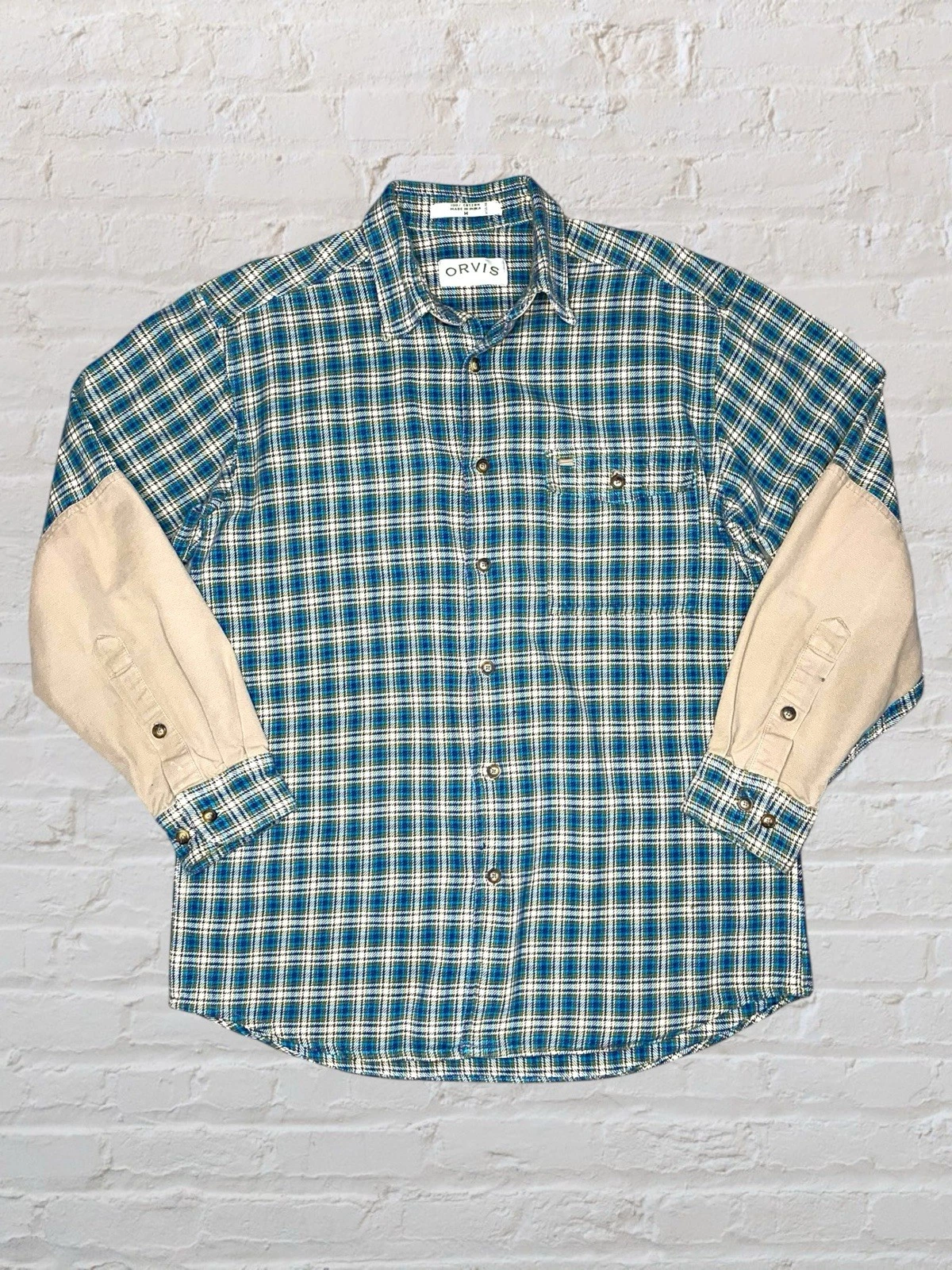 Vtg Orvis Plaid Flannel Cotton Shirt Shacket Mens MED Green Forearm Patches