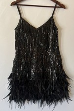 Flapper Style Black Mini Dress Fringe Feathers Sequins Size Medium
