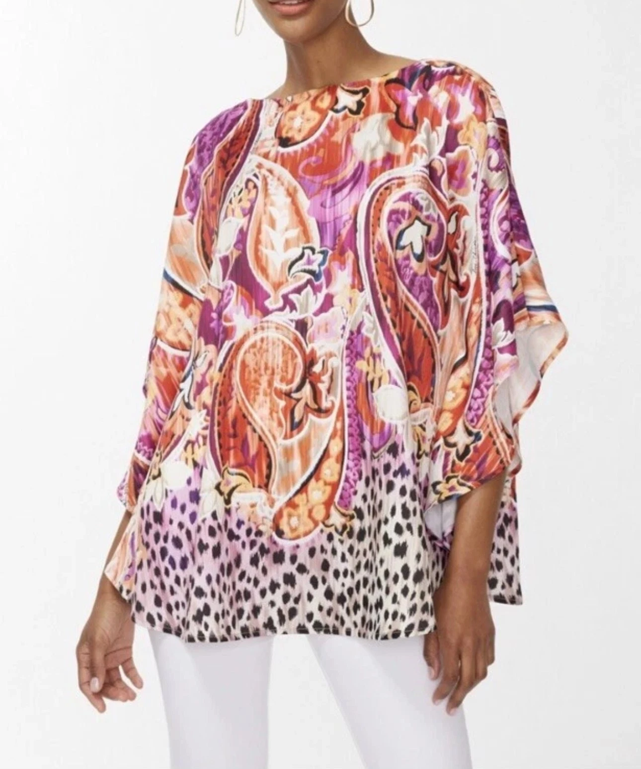 Chicos 40th Anniversary Siz L/XL Paisley Poncho Colorful Silky Oversize Pullover