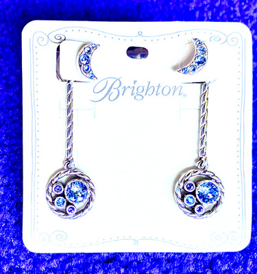 BRIGHTON HALO CRESCENT MOON PURPLE+BLUE SWAROVSKI CRYST 2LAYER EARRINGS NWT CSTM