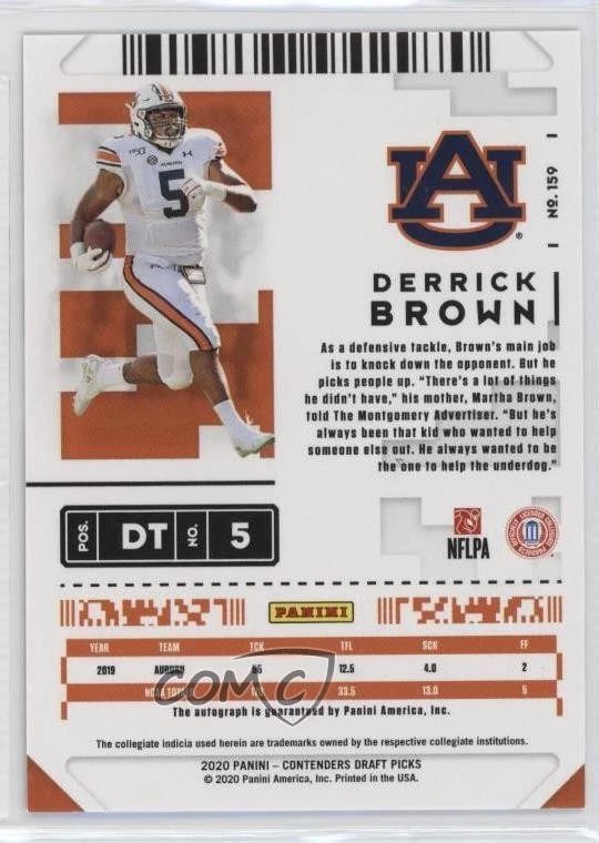 2020 Contenders Draft Picks Cracked Ice Ticket /23 Derrick Brown Rookie Auto RC - Image 2 of 2