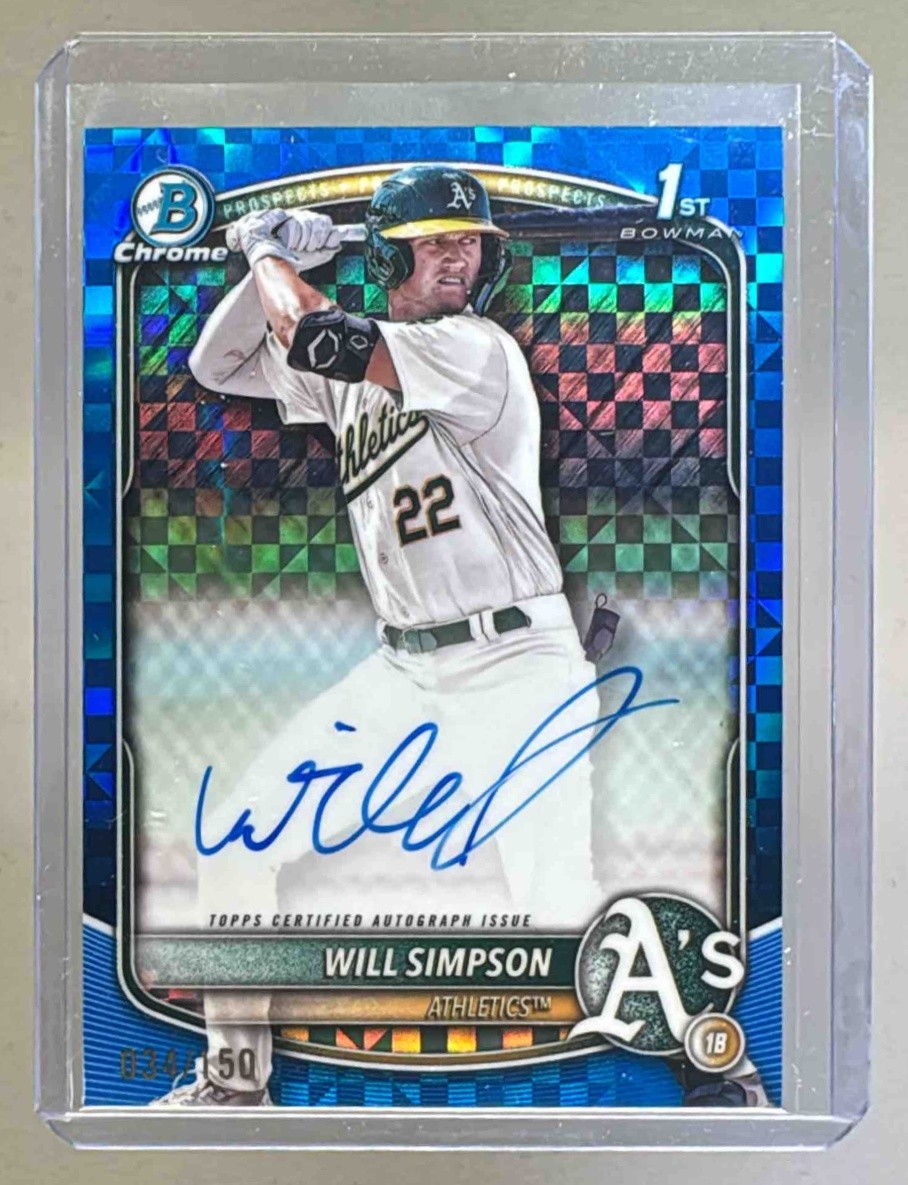 Will Simpson 2025 Bowman #CPA-WSI Blue X-Fractor Chrome Auto 1st RC 34/150