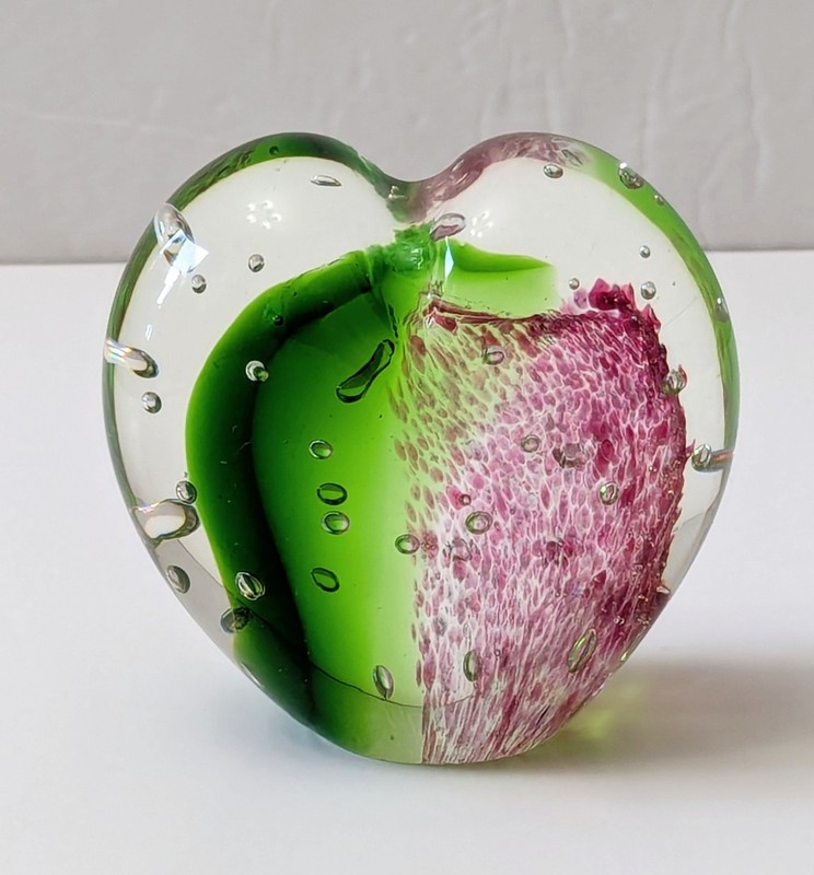 Art Glass Heart Paperweight, Green and Pink WIth Bubbles, 3 Inches High