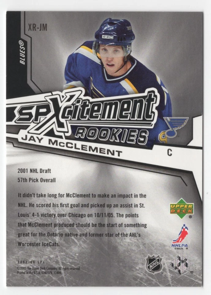 2005-06 SPx Xcitement Rookies Jay McClement /999 St. Louis Blues #XR-JM R69 - Image 2 of 2
