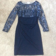 Nightingales Navy Blue Lace Sequin Mesh Ruched Stretch Lined Dress Occasion S