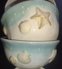 (4 total) Life + Style Seashore blue/white 3D ceramic soup/salad bowls