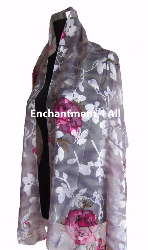 New Stunning 100% Pure Silk Floral Sheer Scarf Wrap, Light Gray/Hot Pink