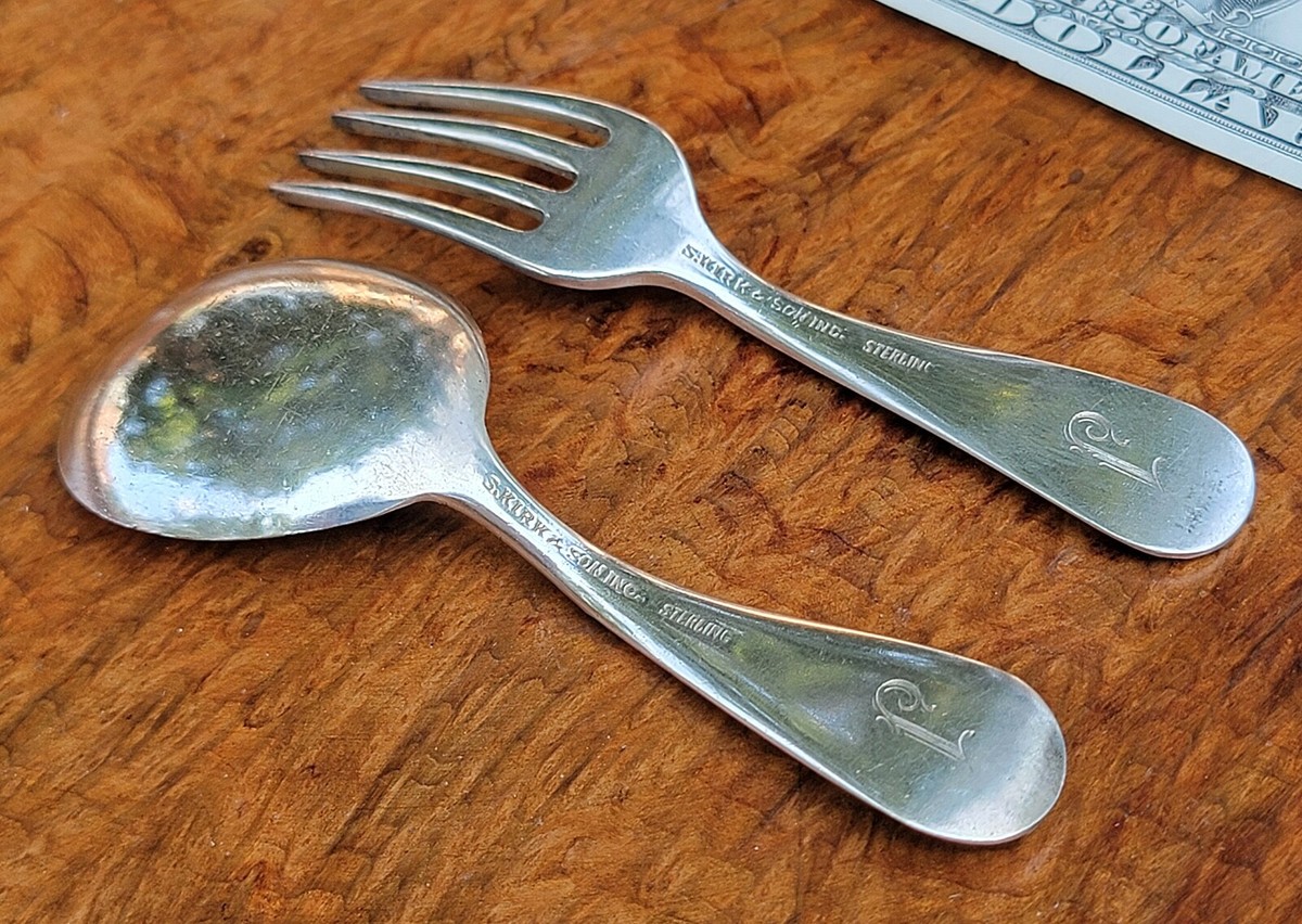 アンティーク silver925 スプ ーン、フォーク 約12.7cm S KIRK & SON Sterling Silver REPOUSSE Baby/Infant Fork/Spoon