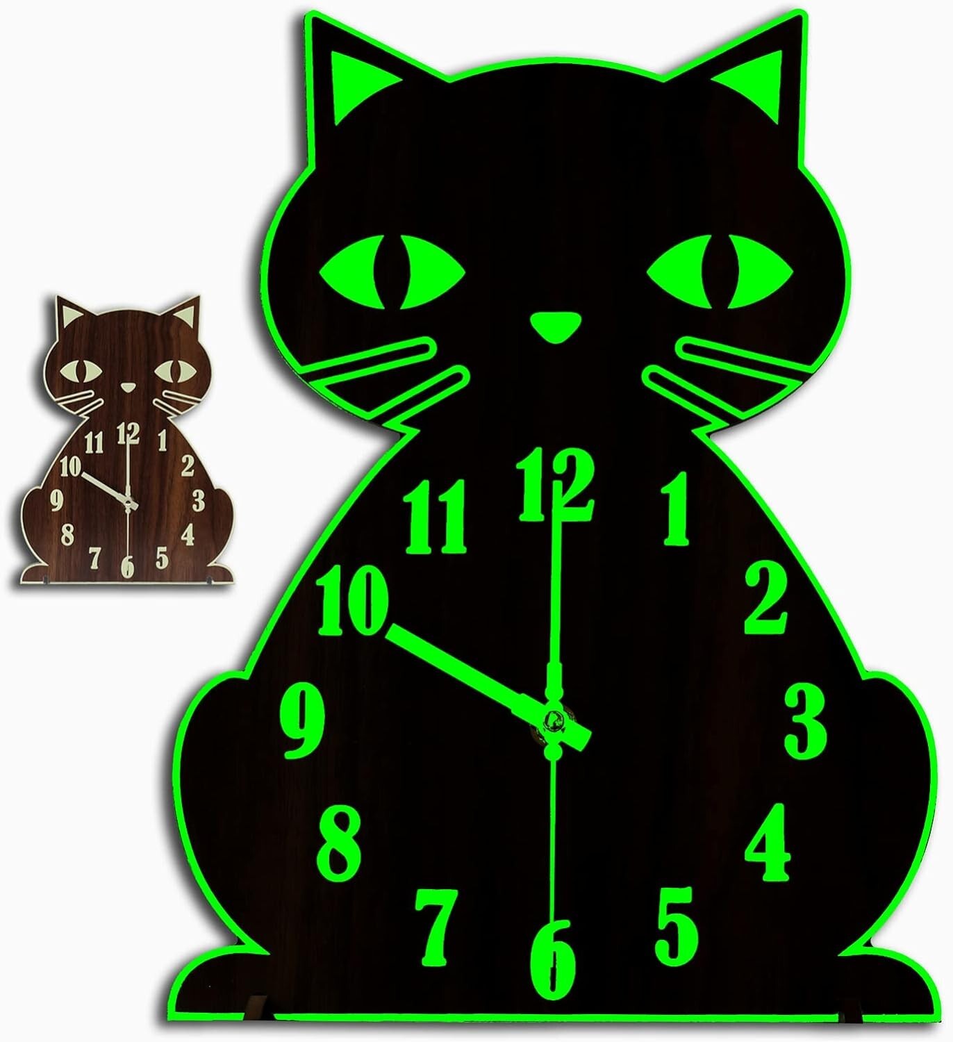 Glow in the Dark Cat Wall Clock - Silent Non-Ticking Wooden Night Light-image
