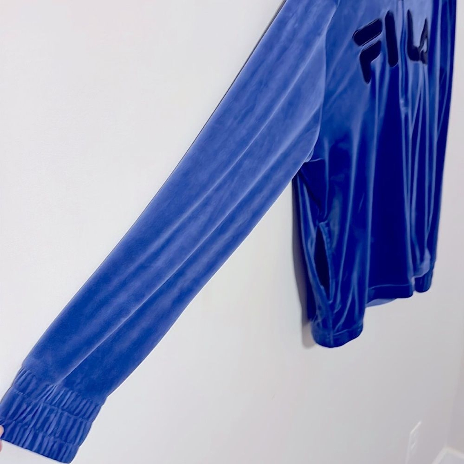 Felpa con cappuccio FILA blu viola velluto 3 4 zip tasche anteriori grande