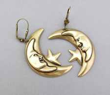 Moon Stars Earrings Mystical Man in the Moon Gold Antiqued Brass Crescent Moon