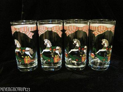 (4) ANCHOR HOCKING MEMORIES~12 OZ COOLER~TUMBLER~HOLIDAY ROCKING HORSE~PLAID~EUC