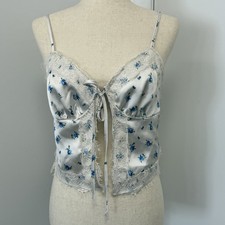 Y2K Camisole Tank Women Med Blue Floral Lace Coquette Fairycore Babydoll Tie