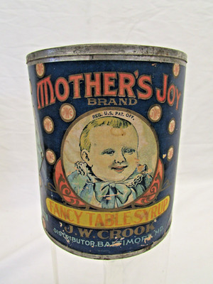 Antique Mothers Joy Fancy table syrup J.W. Crook TIN CAN BALTIMORE, Md 4.5''x4''