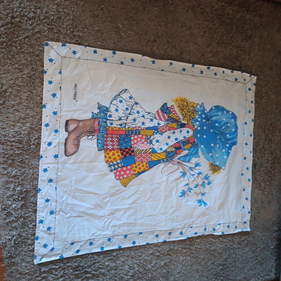 "Manta de bebé colorida Holly Hobbie vintage años 70 pequeña cosida a mano 32"" X 41""" Foto 2 de 4
