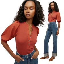 198 New VERONICA BEARD Coralee Button-Front Puffed Sleeve Top Sz XS Brick Red